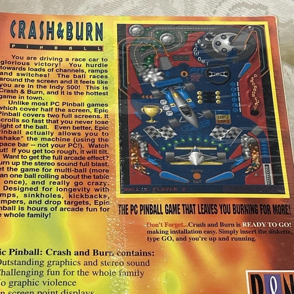 Epic Pinball CRASH & BURN PC Game Factory Sealed Box, Made In USA. Unopened 1995